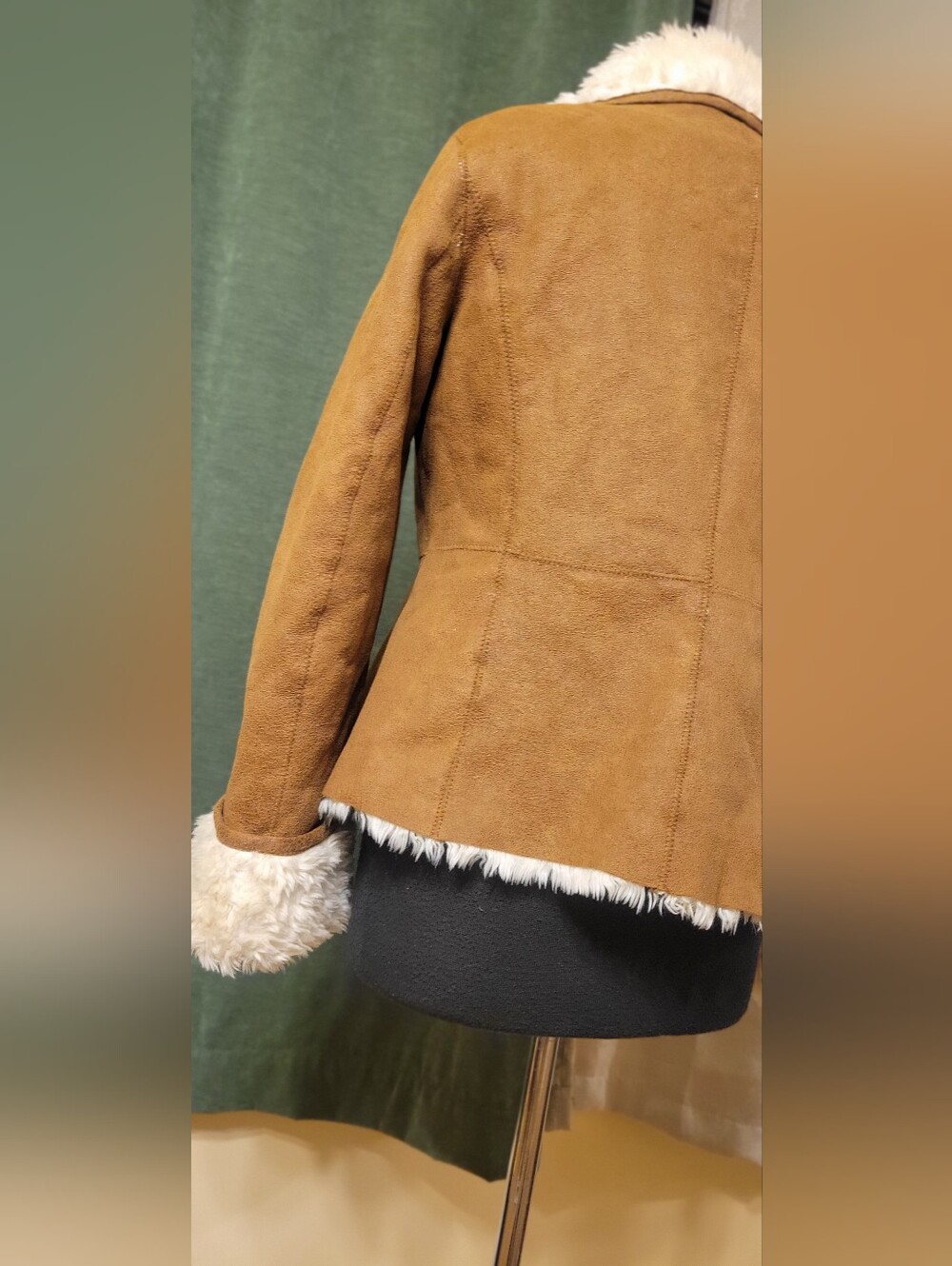 Women's Tan Faux-Suede Double-Breasted Shearling Jacket - Picture 7 of 11